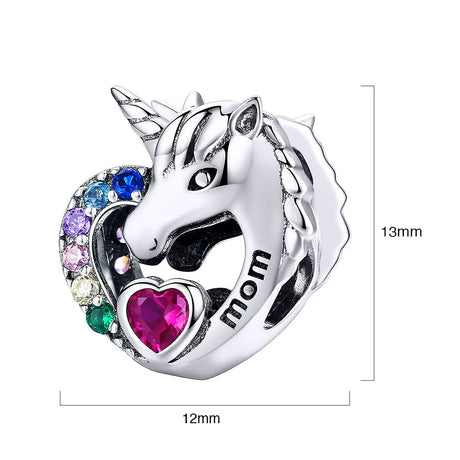 Solid 925 Sterling Silver Mom Inscription Unicorn Multicoloured CZ Charm