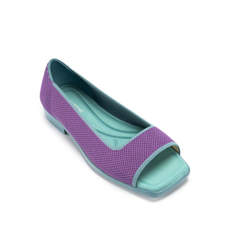 Colorblock Peep Toe Knit Flats - Purple