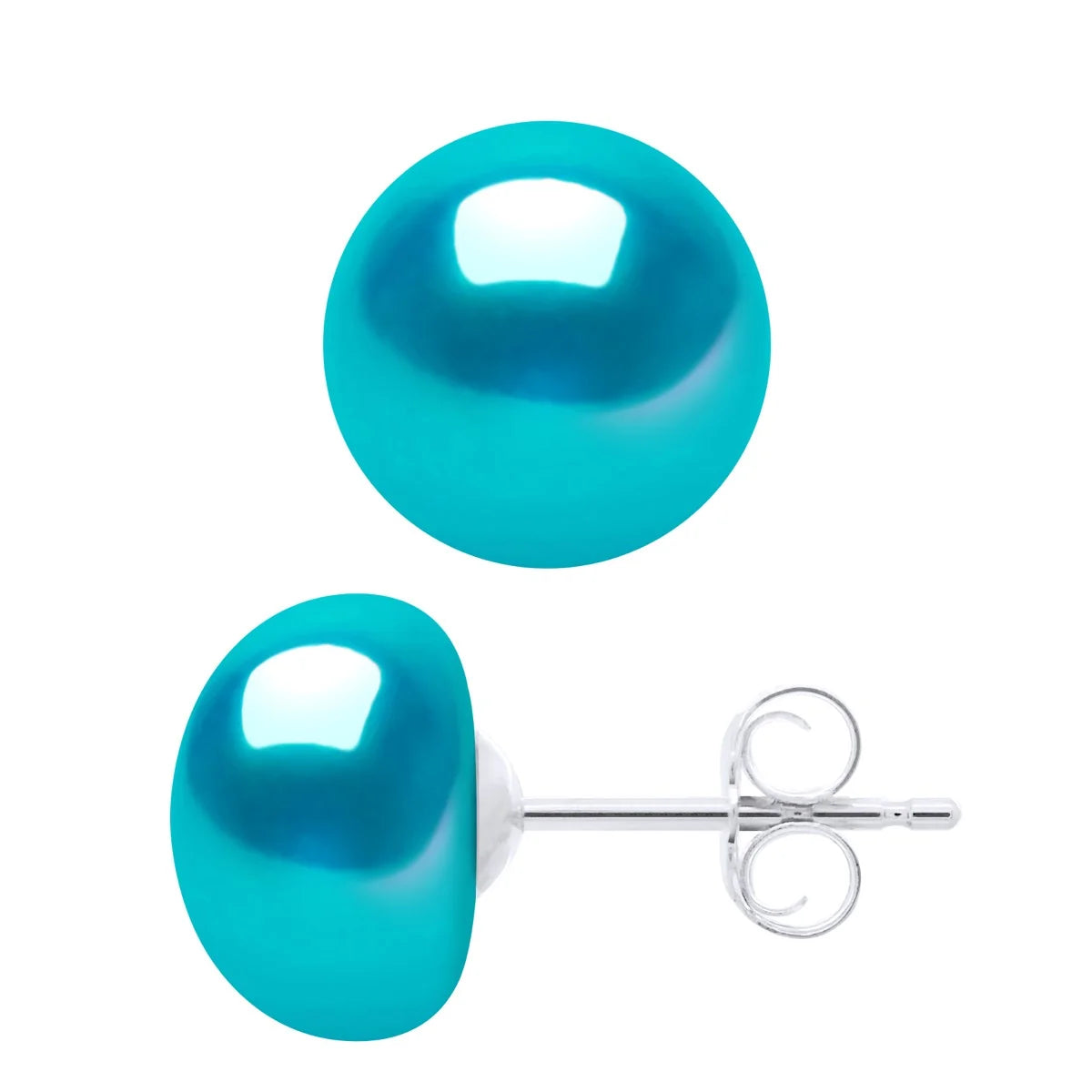 Earrings Button Freshwater Pearl & Turquoise Sterling Silver 9-10mm