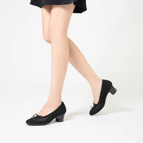 Pearl Bow Mesh Knit Round Toe Pumps - Black