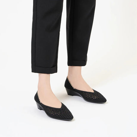 Open Weave Pointed Toe Wedge Work Shoes - Black