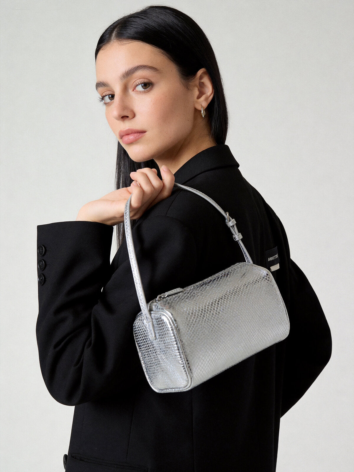 Patent Embossed Calfskin Cylinder Bag - Silver