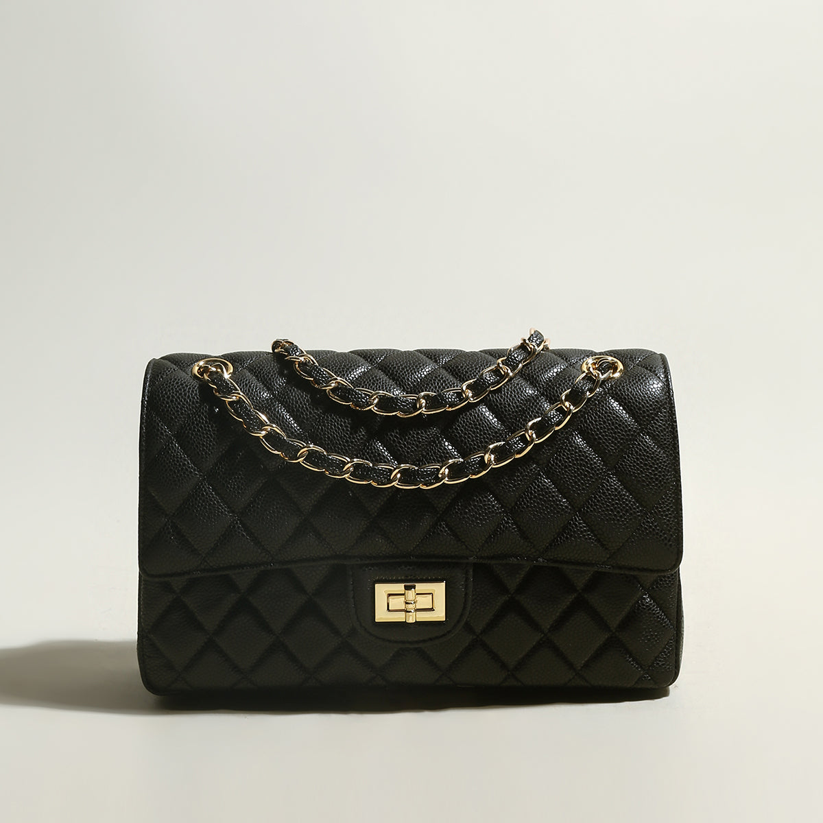 Classic Black Quilted Caviar Leather Flap Shoulder Bag - Black