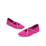 Rhinestone Cross Strap Pointed Toe Knit Flats - Rose