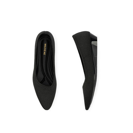 Diagonal Cut Knit Pointed Toe Wedge Flats - Black