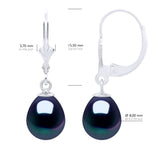 Earrings In White Gold 375 and Real Cultured Freshwater Pearls Pear 8-9 mm - Black "Tahitian Style" - Longueur 42 cm