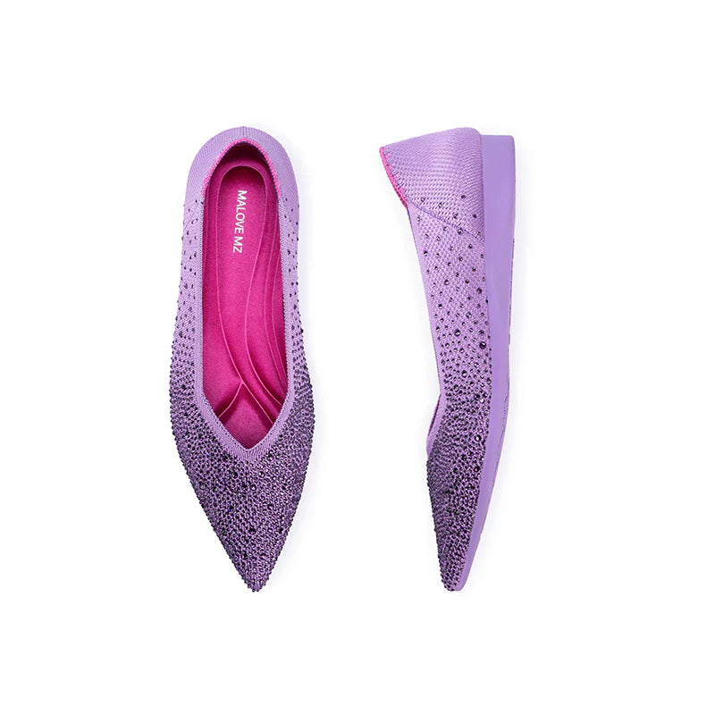 Rhinestone Knit Pointed Toe Ballet Flats - Lilac