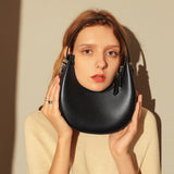 Structured Black Leather Crescent Moon Shoulder Bag - Black