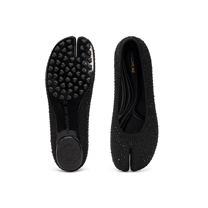 Glam Rhinestone Split Toe Flats - Black