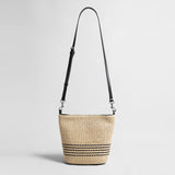 Striped Woven Straw Bucket Bag - Natural