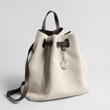 Canvas & Leather Drawstring Bucket Backpack - Ivory