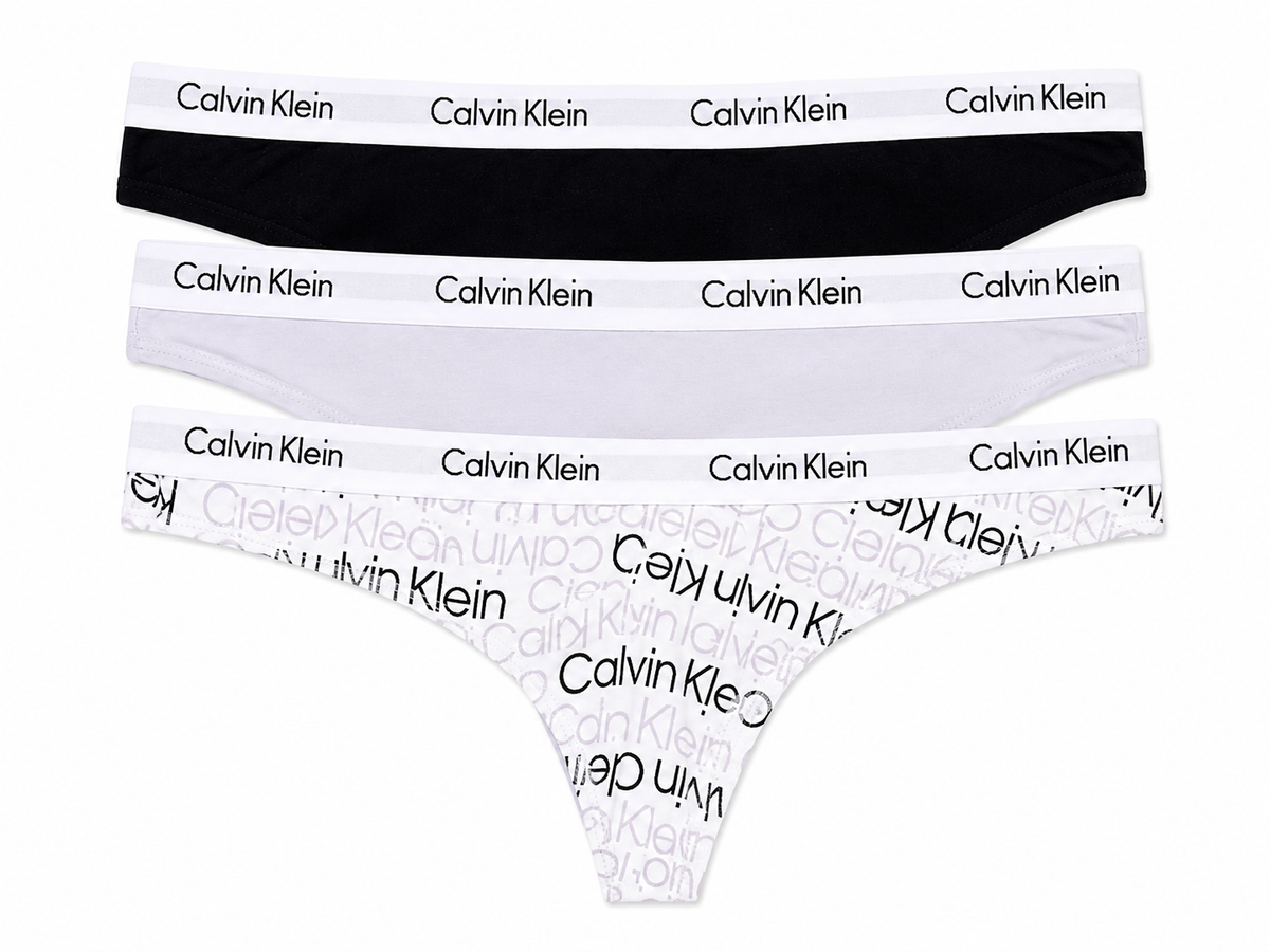 Calvin Klein Underwear Women's Carousel Thong 3Pk  - Black-Lavender BlueReflected Logo  Lavender Blue