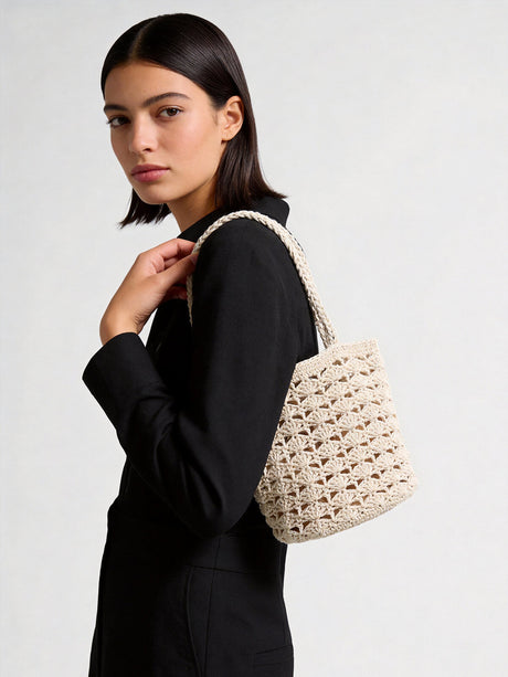 Hand-Crocheted Cotton Shell-Stitch Bucket Tote - Ivory