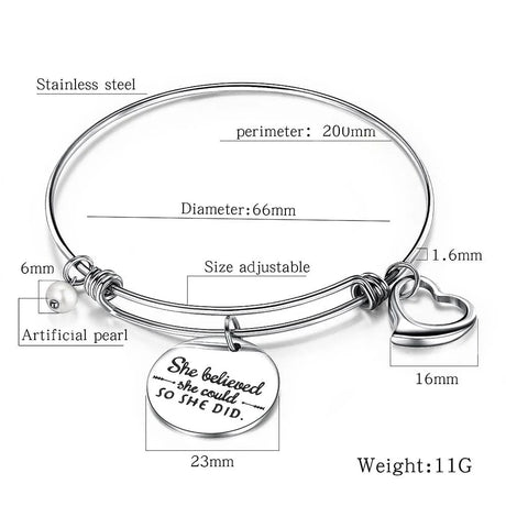 Bullion Gold She Believed She Could Heart Charm White Gold Layered Tubular Adjustable Inspirational Bangle