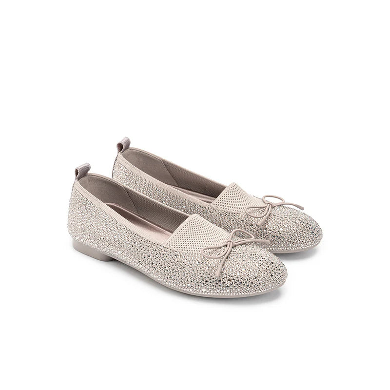 Rhinestone Bow Knit Round Toe Ballet Flats - Taupe