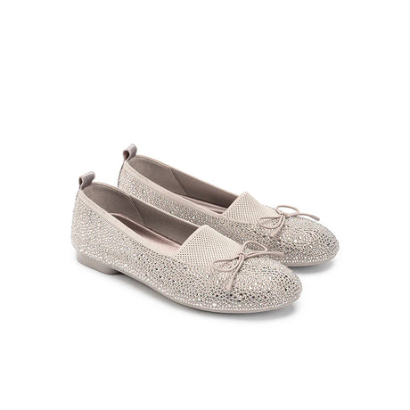 Rhinestone Bow Knit Round Toe Ballet Flats - Taupe