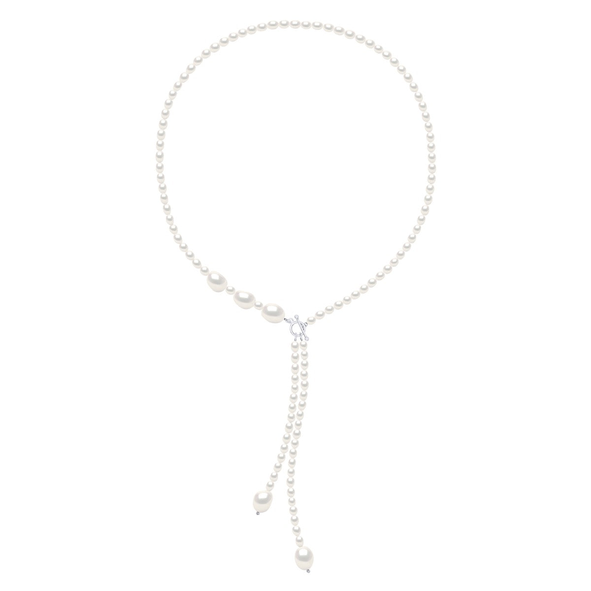 Necklace Tie of Real Cultured Freshwater Pearls Grain of Rice 5 mm and Baroque 11 mm - Natural White - 42 cm