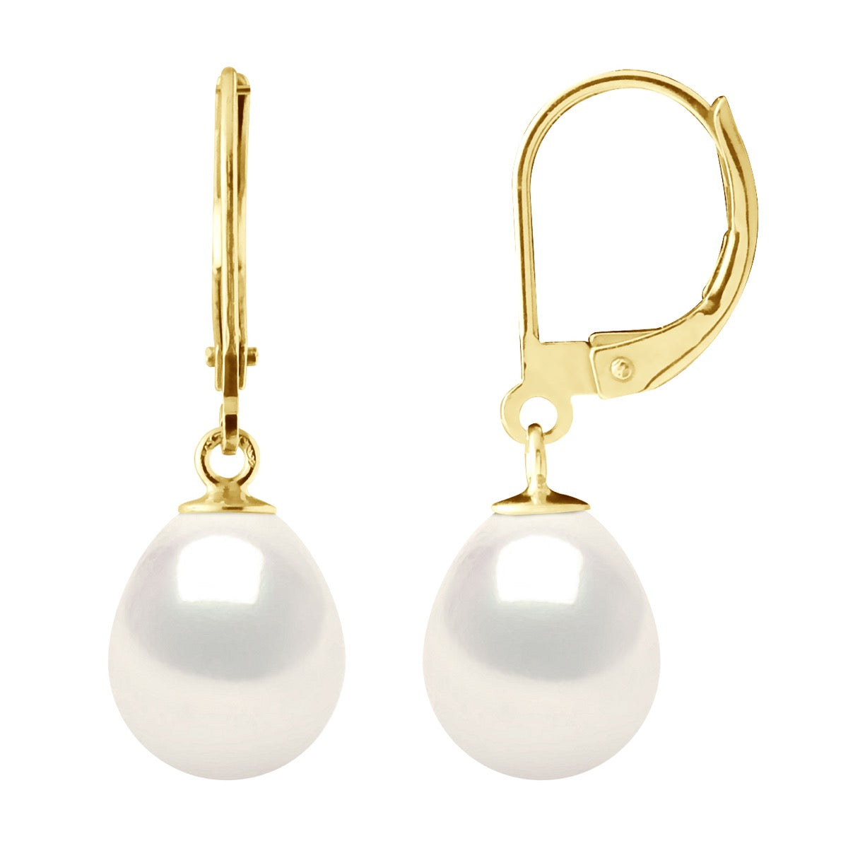 Earrings In Yellow Gold 375 and Real Cultured Freshwater Pearls Pear 9-10 mm - Natural Pearl White - Height Earrings 3 cm
