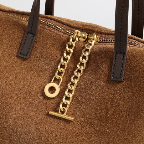 Suede Chain Charm Satchel Bag – Contrast Leather Handle Crossbody Bag