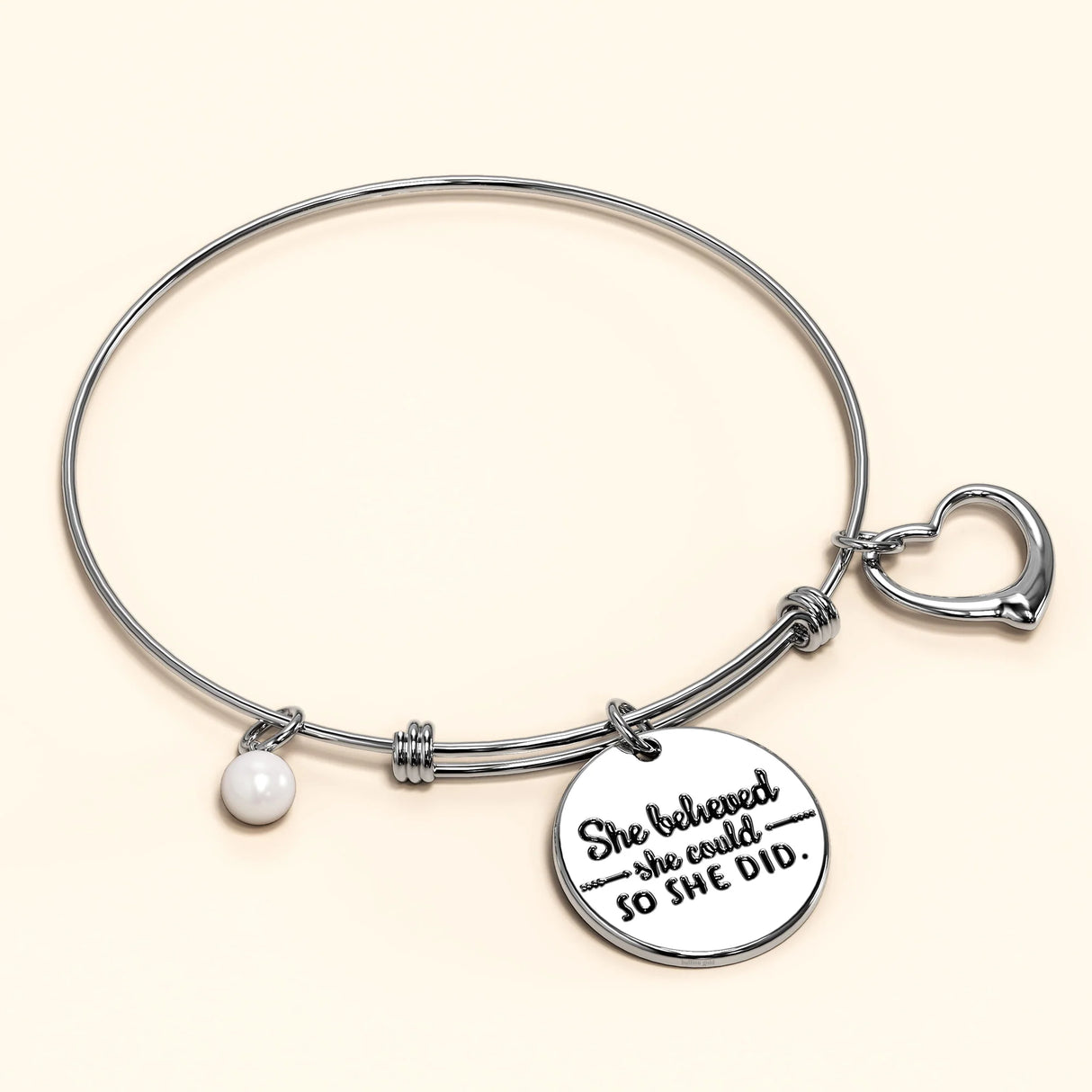 Bullion Gold She Believed She Could Heart Charm White Gold Layered Tubular Adjustable Inspirational Bangle