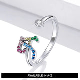Adjustable Solid 925 Sterling Silver Colourful Rainbow Alphabet Letter Ring