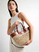Handwoven Straw Leather Tote Bag - Brown