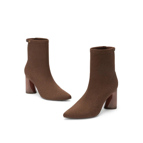 Pointed Toe Block Heel Knit Ankle Boots - Coffee