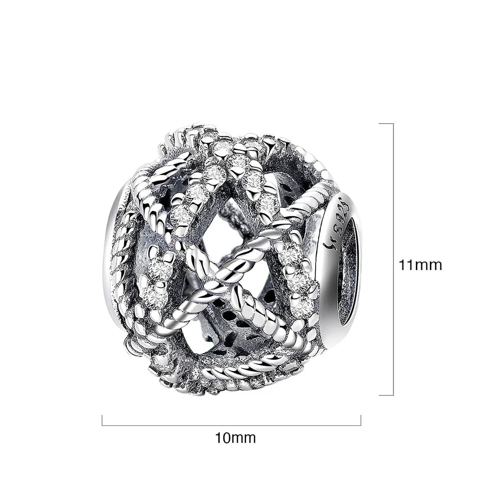 Solid 925 Sterling Silver Twisted Rope CZ Round Charm