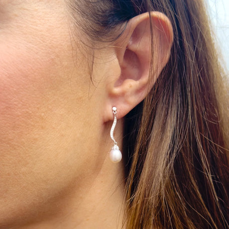Drop Drop Earrings Freshwater Pearl & Cubic Zirconia White 7-8mm