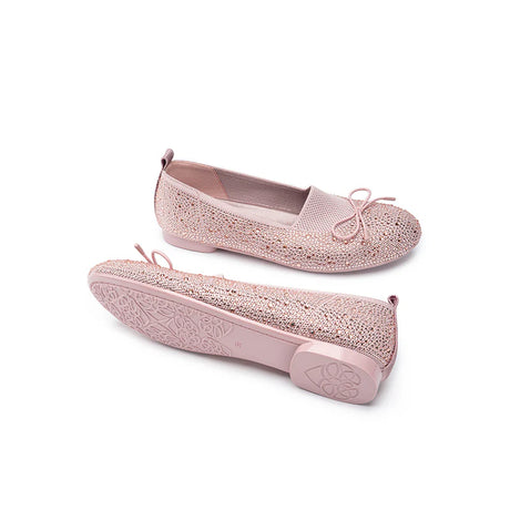Rhinestone Bow Knit Round Toe Ballet Flats - Pink
