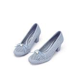 Pearl Bow Mesh Knit Round Toe Pumps - Blue