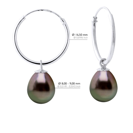 Earrings of Silver 925 Rhodium Plated and Real Cultured Tahiti Pearls Pear 8-9 mm