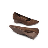 Rhinestone Check Knit Pointed Toe Wedge Pumps - Chocolate