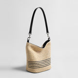 Striped Woven Straw Bucket Bag - Natural