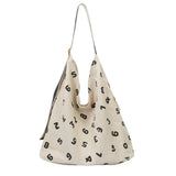 BAMEI Natural Ramie Oversized Hobo Tote Bag with Number Print & Leather Strap - Ivory