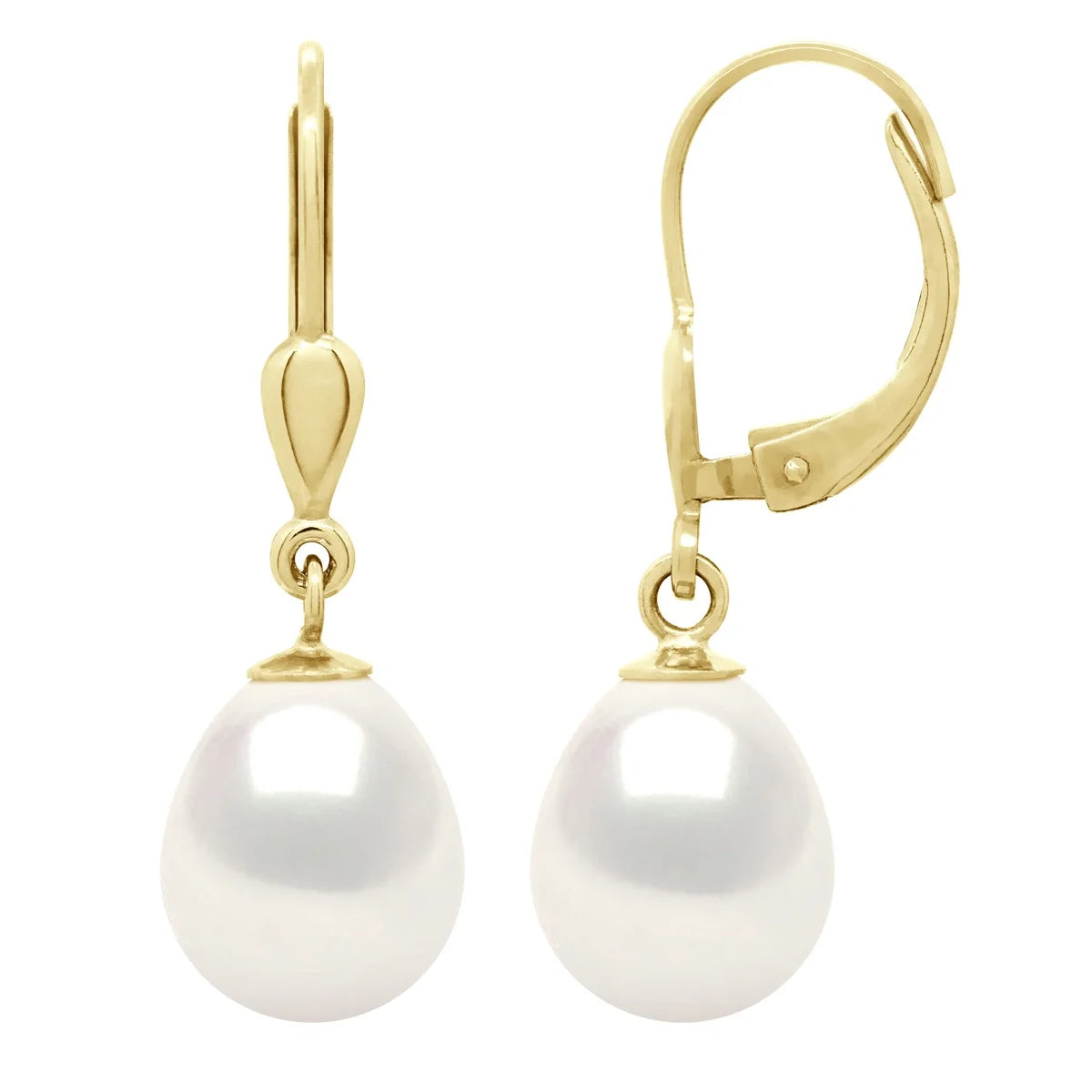 Drop Earrings Freshwater Pearl White Yellow Gold 9-10mm