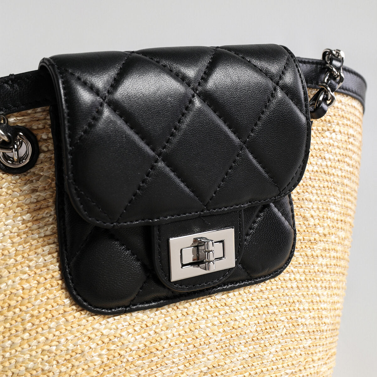 Hand-Woven Straw Basket Tote with Quilted Chain Flap - Black