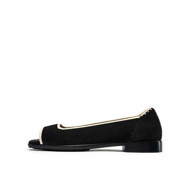 Colorblock Peep Toe Knit Flats - Black