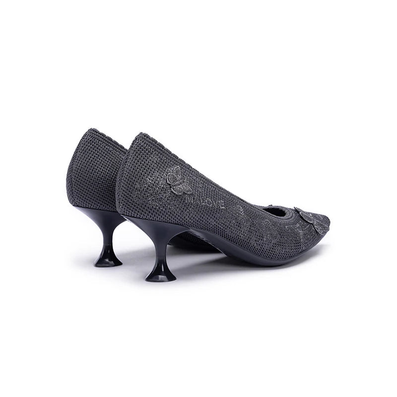 Floral Butterfly Pointed Toe Kitten Heels - Charcoal