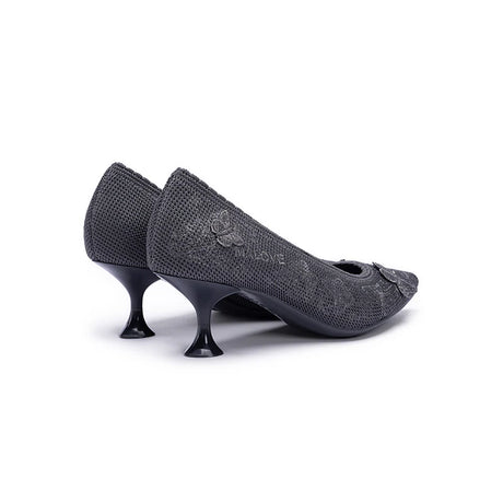 Floral Butterfly Pointed Toe Kitten Heels - Charcoal