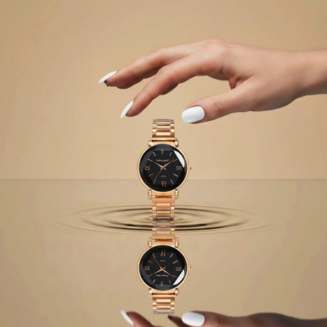 Boxed Black Face Watch & Earrings Set In Rose Gold