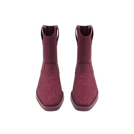Knit Block Heel Ankle Boots - Wine