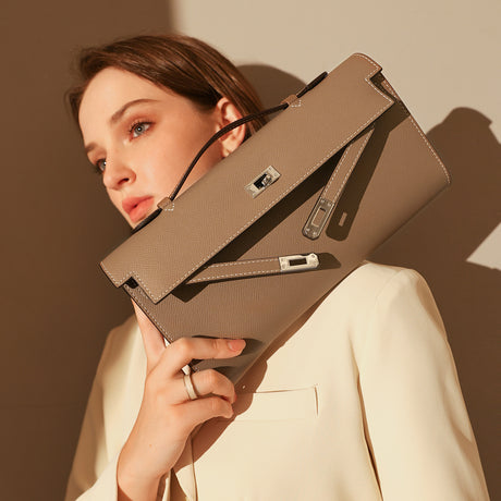 Structured Saffiano Leather Top-Handle Clutch - Taupe