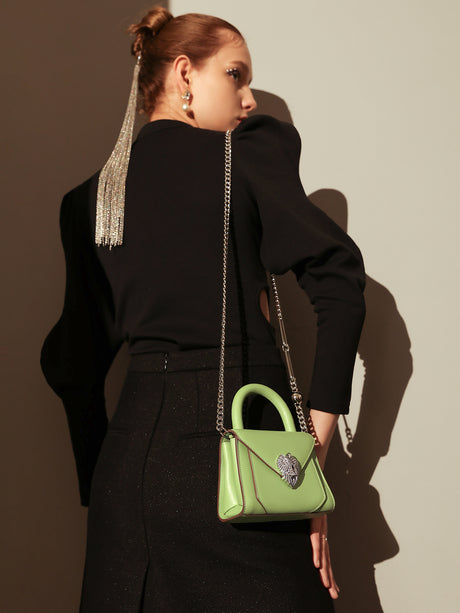 Avant Garde Silver Chain Strap Leather Top Handle Bag - Green
