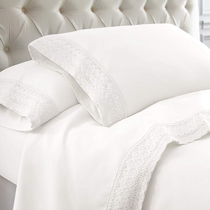 Ramesses Crochet-Lace Microfibre Sheet Set - White Lace White Fabric