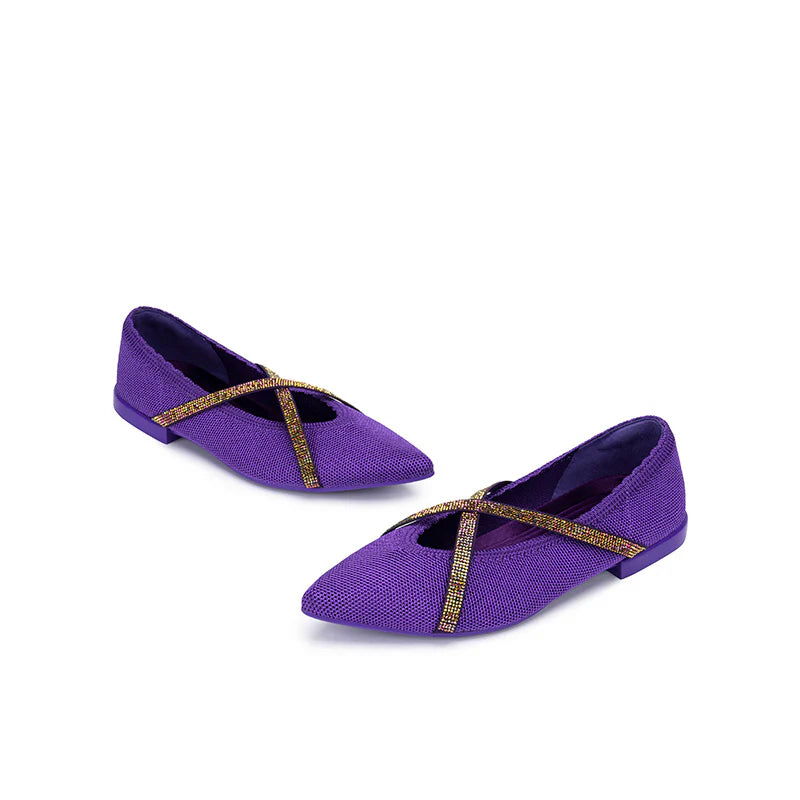 Rhinestone Cross Strap Pointed Toe Knit Flats - Purple