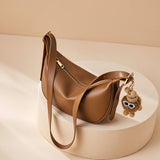 Nalandu Crescent Leather Crossbody Shoulder Bag with Bear Charm - Brown