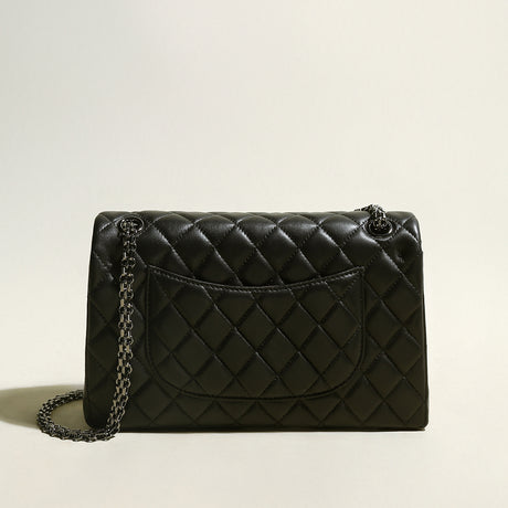 Large Black Quilted Lambskin Leather Flap Shoulder Bag - Black