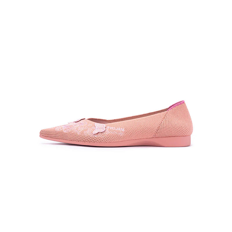 Butterfly Floral Knit Pointed Toe Ballet Flats - Coral