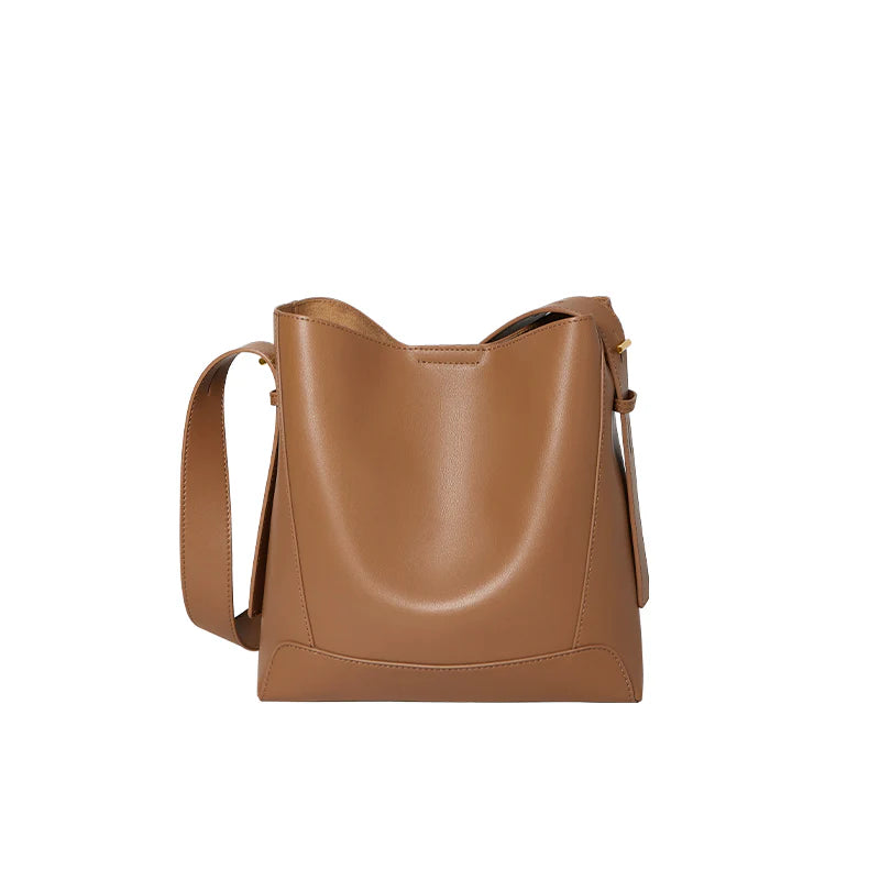 Nalandu Luxe Genuine Leather Bucket Tote Shoulder Bag - Brown